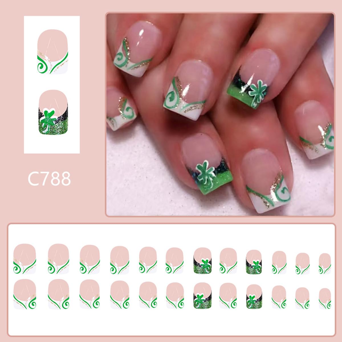 St.Patrick&#x27;s Day Press On Nails Short Square Fake Nails Glitter Clover Design Acrylic Press on Nails Green White French Tip False Nails Glossy Glue on Nails Short Lucky Stick on Nails for Women 24PCS