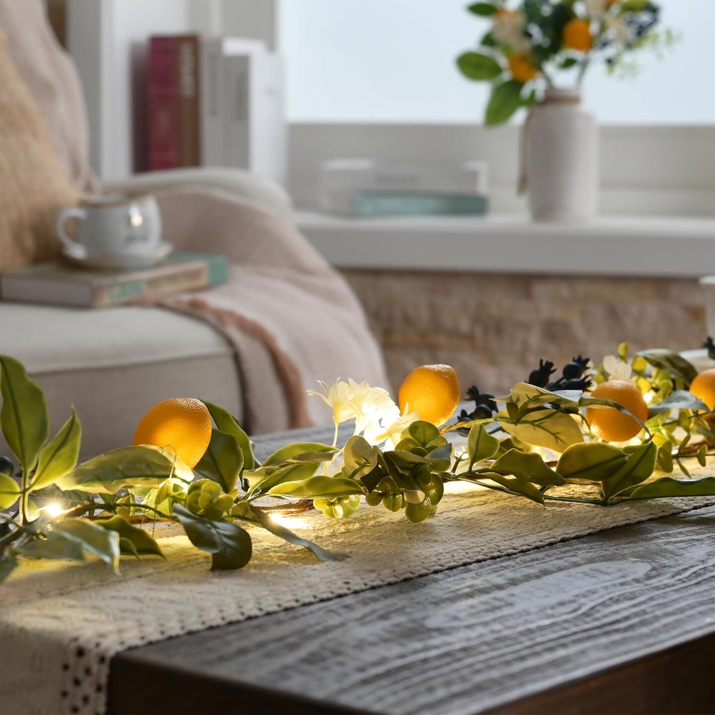 Spring Artificial Lemon Garland for Mantle with Lights, 6FT Summer Fake Fruit Garland Decoration for Stairs, Thin Faux Floral Greenery Vine for Table Centrepiece Farmhouse Home Decor