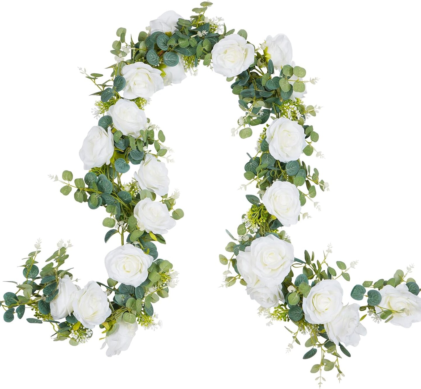 2 Pcs 13FT Artificial Eucalyptus Garland with Flowers, Rose Vine Flower Garland, Silk White Rose Garland Faux Floral Garland for Table, Wedding, Bedroom, Party, Wall Decor
