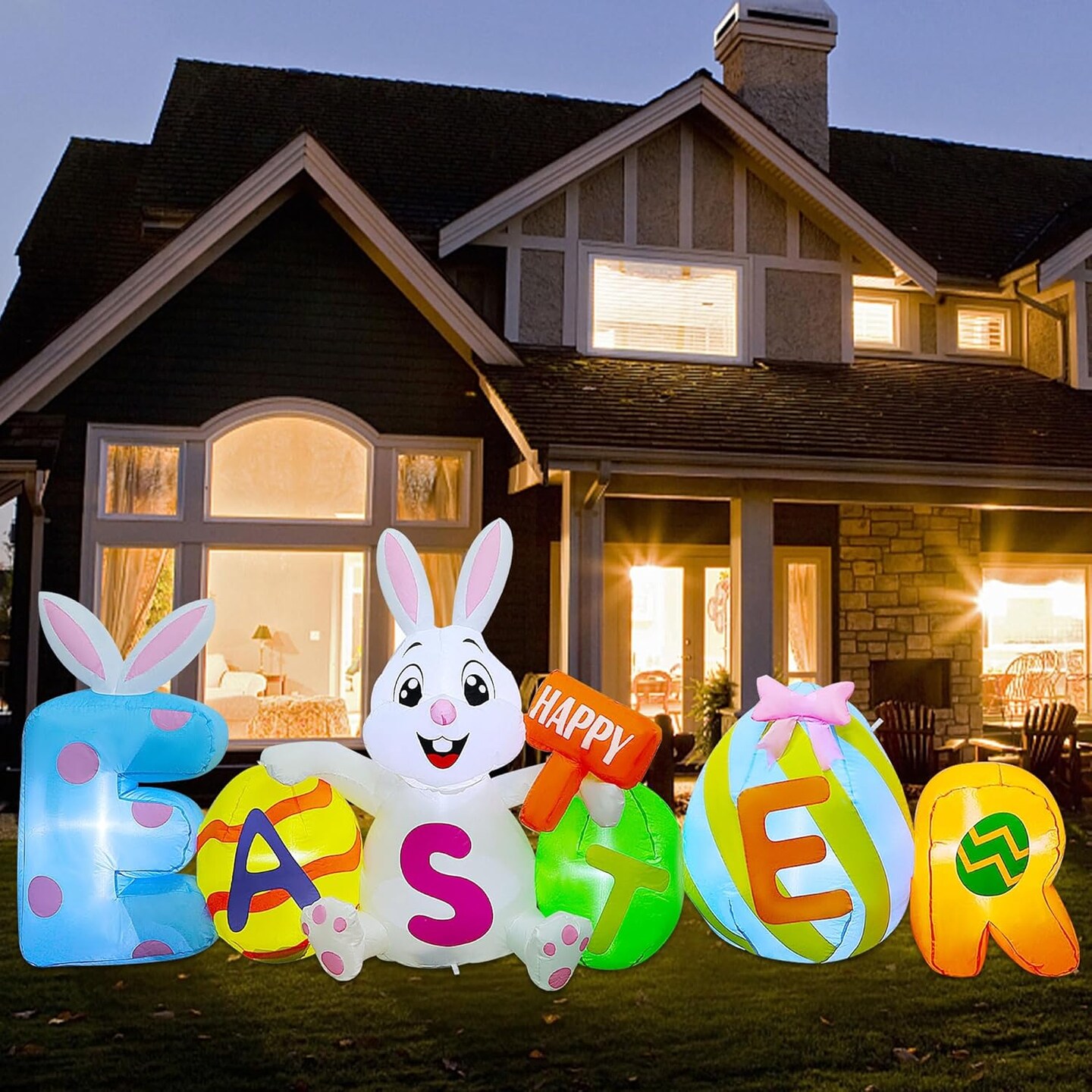 8FT L Easter Inflatable Yard Decoration, Lighted Blow Up Bunny Sitting with Easter Eggs, Light Up Air Blown Rabbit Happy Easter for Spring Holiday Lawn Garden Indoor Outdoor Decors