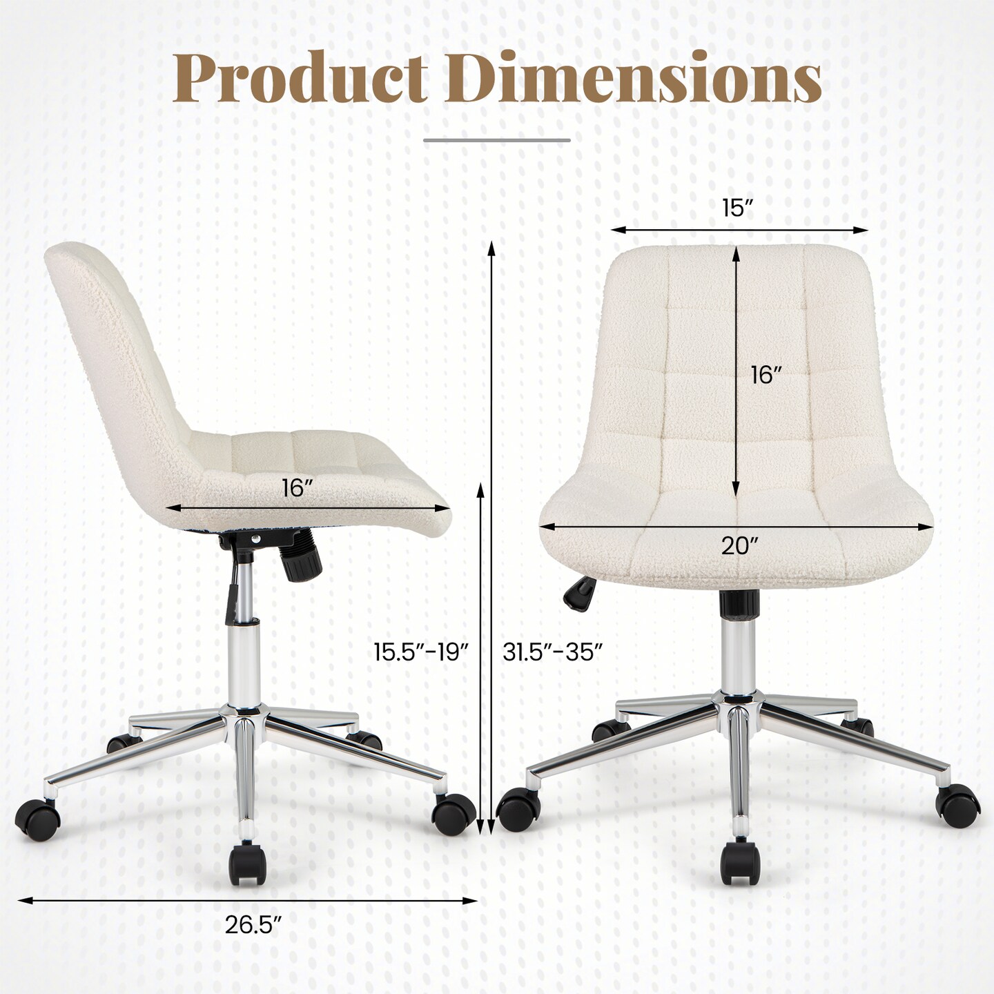 White Teddy Fleece Armless Office Chair with 5 Smooth Rolling Wheels and Metal Base
