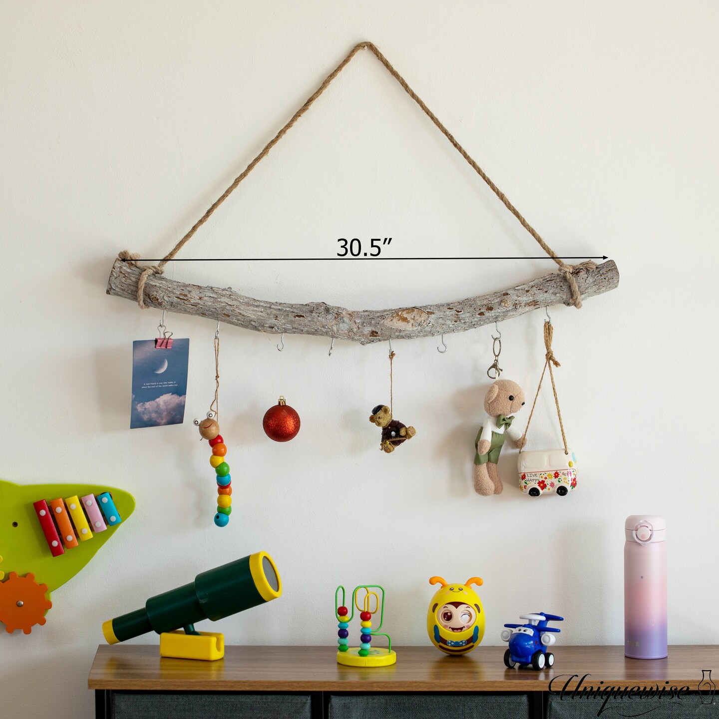 Uniquewise 19-inch Natural Decorative Jujube Wooden Log Hanging Farmhouse Wall Decor with 5 Hooks for Keys Hats and Wall Accessories - Perfect for Entryway Living Room Kitchen Hallways and Dining Area