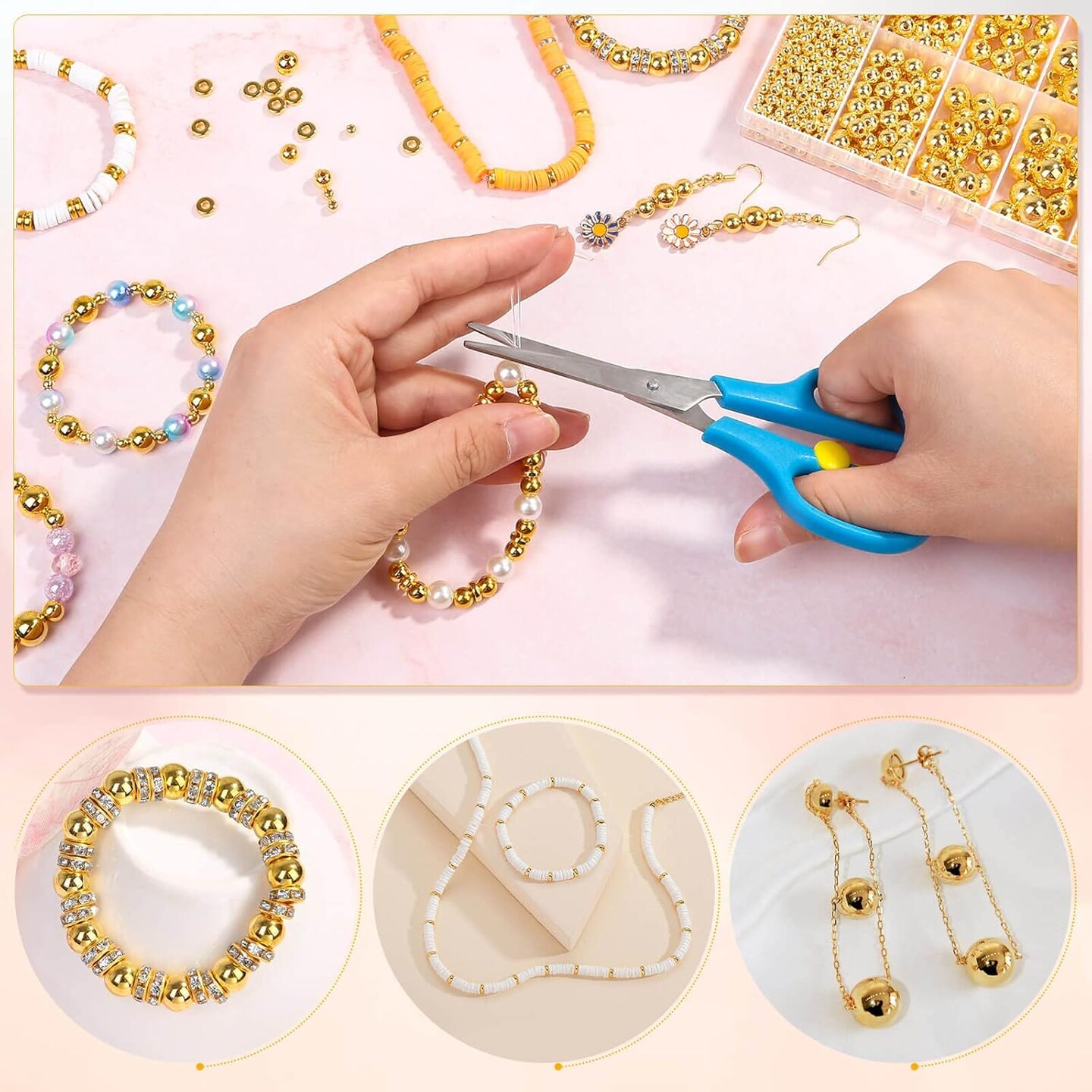 1250 Pieces Gold Spacer Beads for Jewelry Making, Gold Round Beads and Gold Flat Clay Beads for Bracelets Making, Small Gold Filled Beads for Jewelry Making