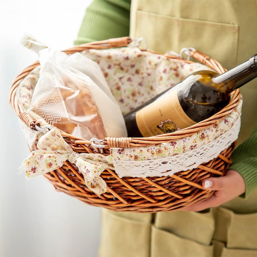 Picnic Basket with Handles & Liner Oval Empty Gift Basket Willow Woven Easter Eggs & Candy Storage Basket