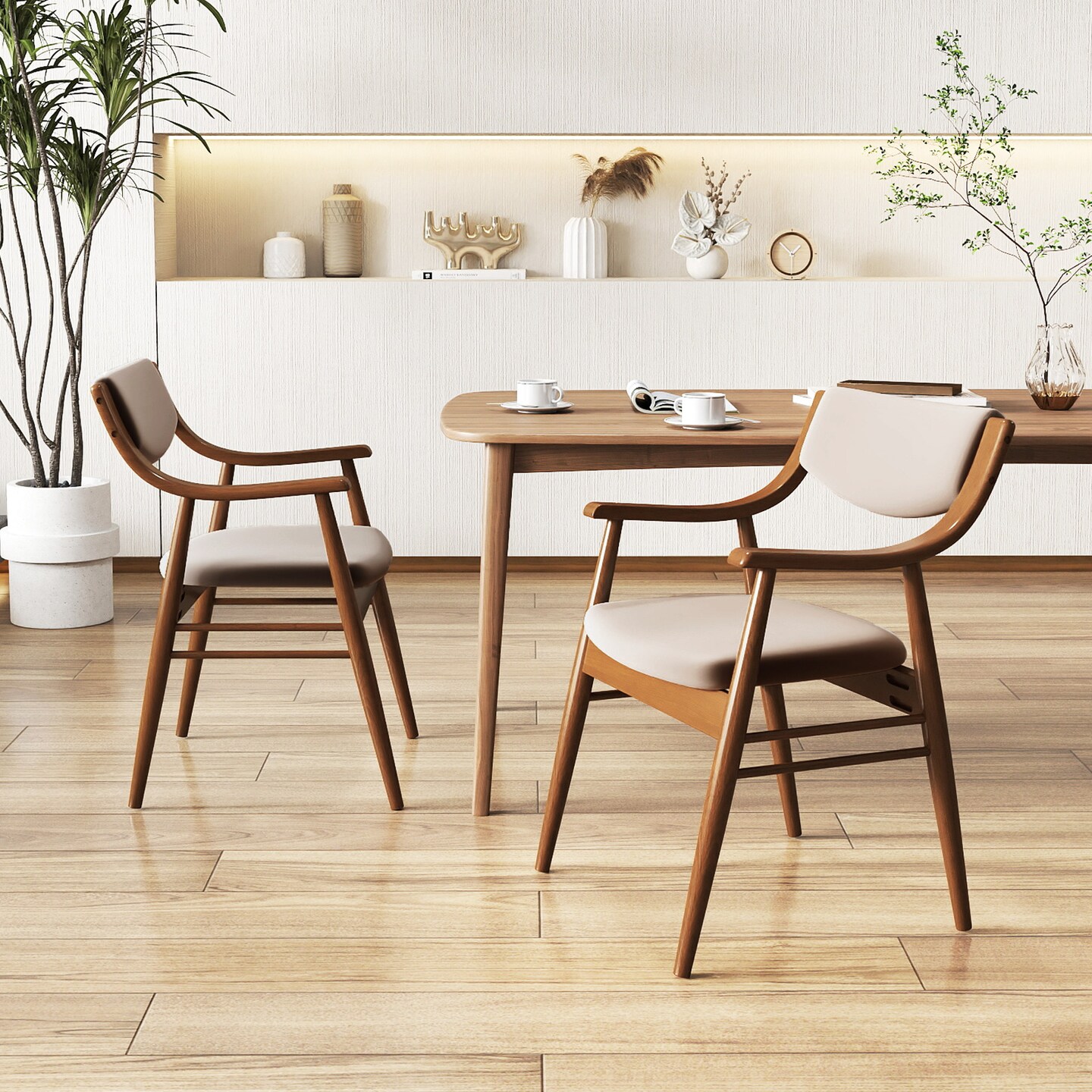 Brown Wooden Dining Chair Set of 2 with Cushioned Seat and Back Support for Comfort