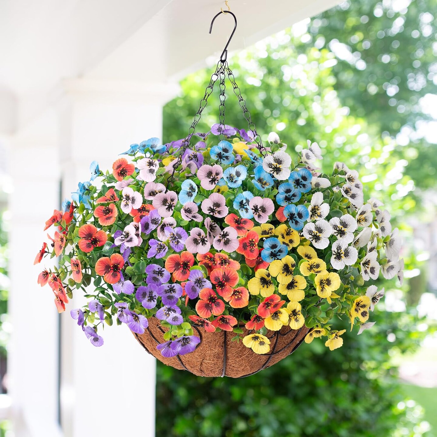 Artificial Pansies Fake Hanging Plants Flowers Basket for Outdoor Outside Decoration, 12 pcs Silk Pansy UV Resistant Look Real Colorful Faux Flowers for Home Porch Yard Patio Balcony Garden Arch Party