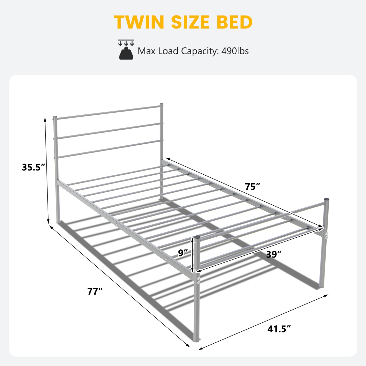 Twin Size Metal Bed Frame Platform with Headboard-Silver
