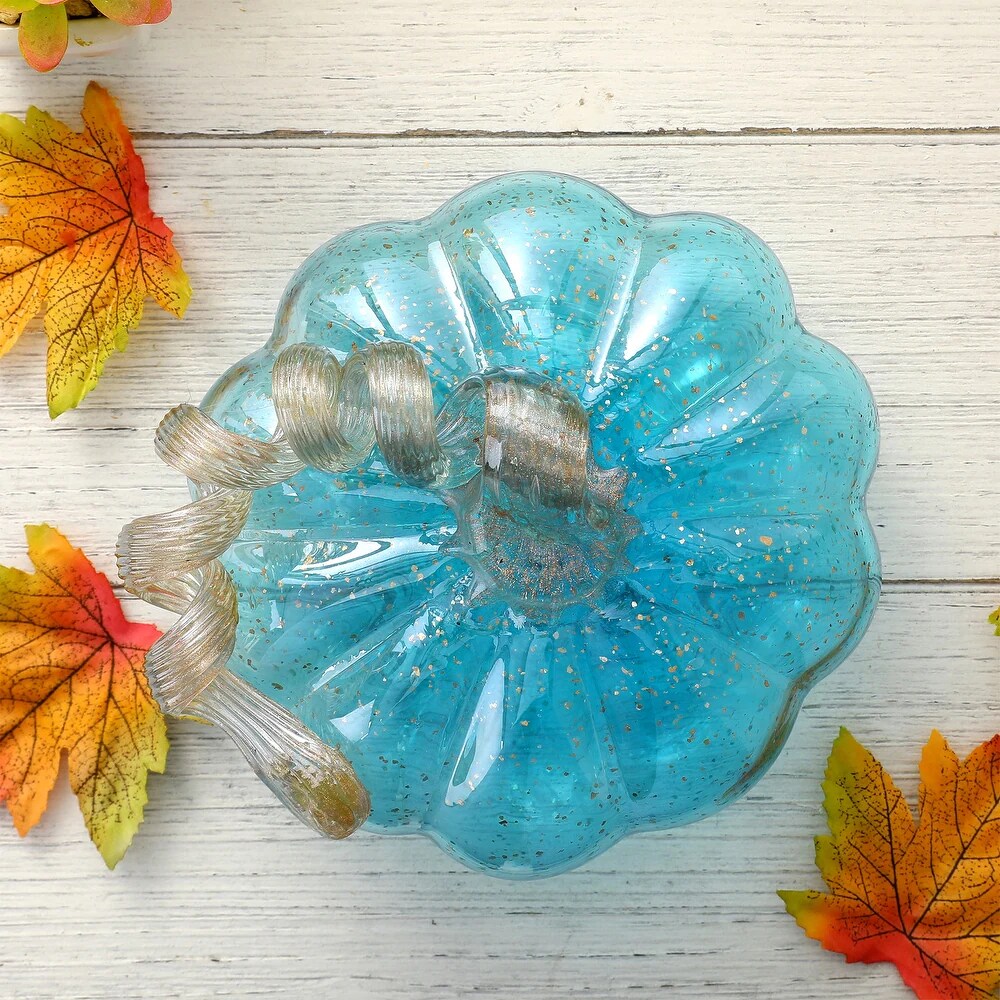 Set of 2 Blue Glass Pumpkin Fall Thanksgiving Table Decors