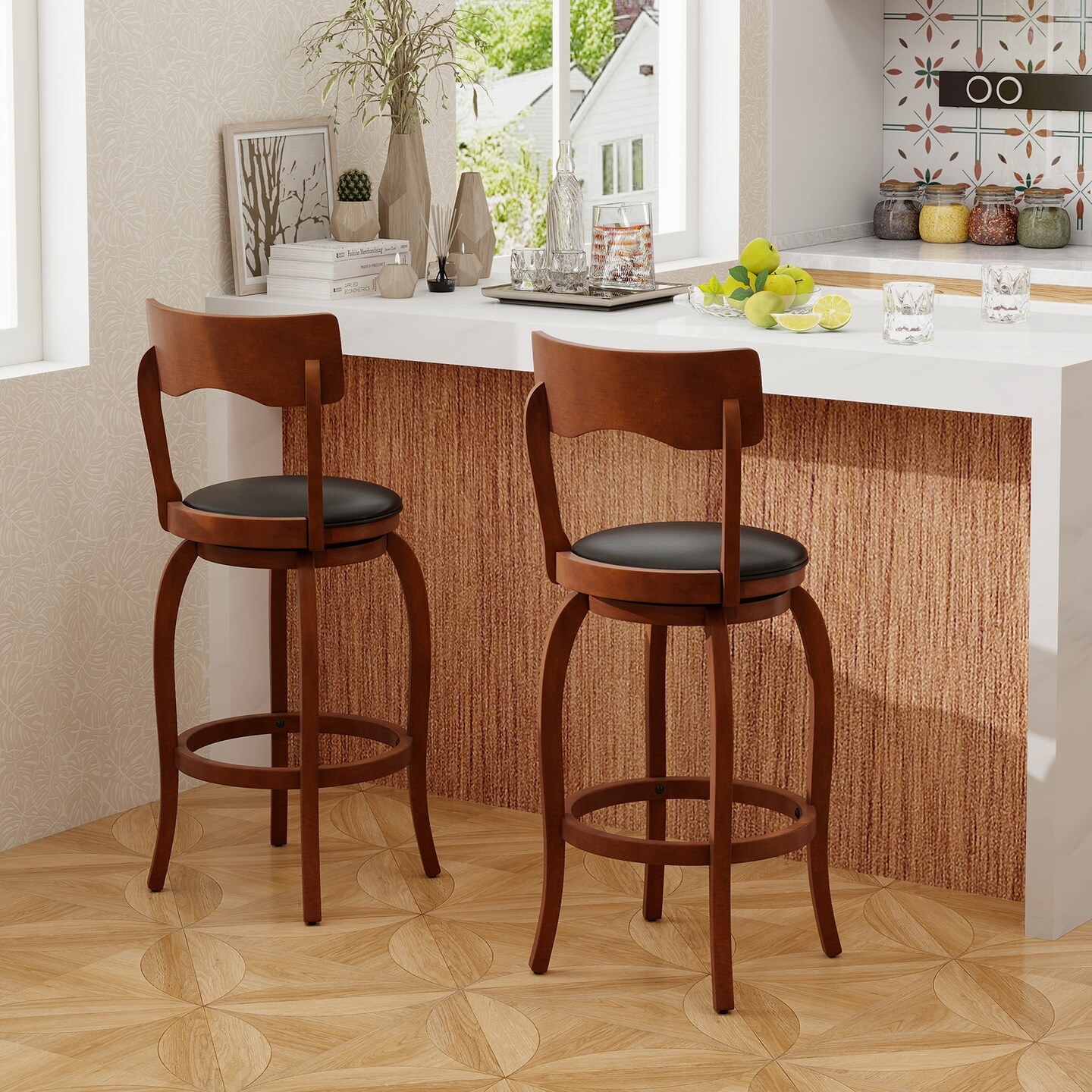 Velvet Swivel Bar Stools Set of 2 with Rubber Wood Frame and Upholstered Seat