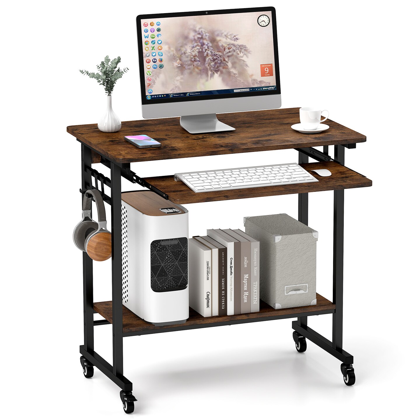 Rustic Brown Mobile Computer Desk with Keyboard Tray Shelf and Hooks Rolling Workstation