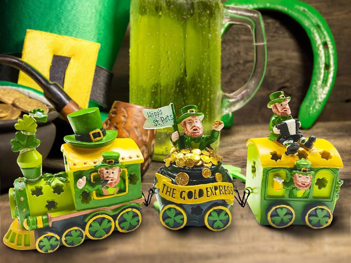 St Patricks Day Decorations Train, Lighted Saint Patrick Decor for Tabletop, Leprechaun Lighted Centerpieces Table, Ireland Decorations for Home Outdoor Party Decorations Figurines Green