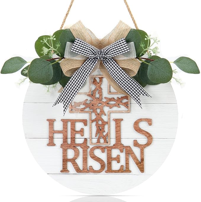 He is Risen Easter Front Door Sign Wreath (11.4&#x22;x11.4&#x22;), Rustic Christian Cross Wall Sign Hanging, Farmhouse Religious Easter Home Door Decoration for Housewarming Easter Gift
