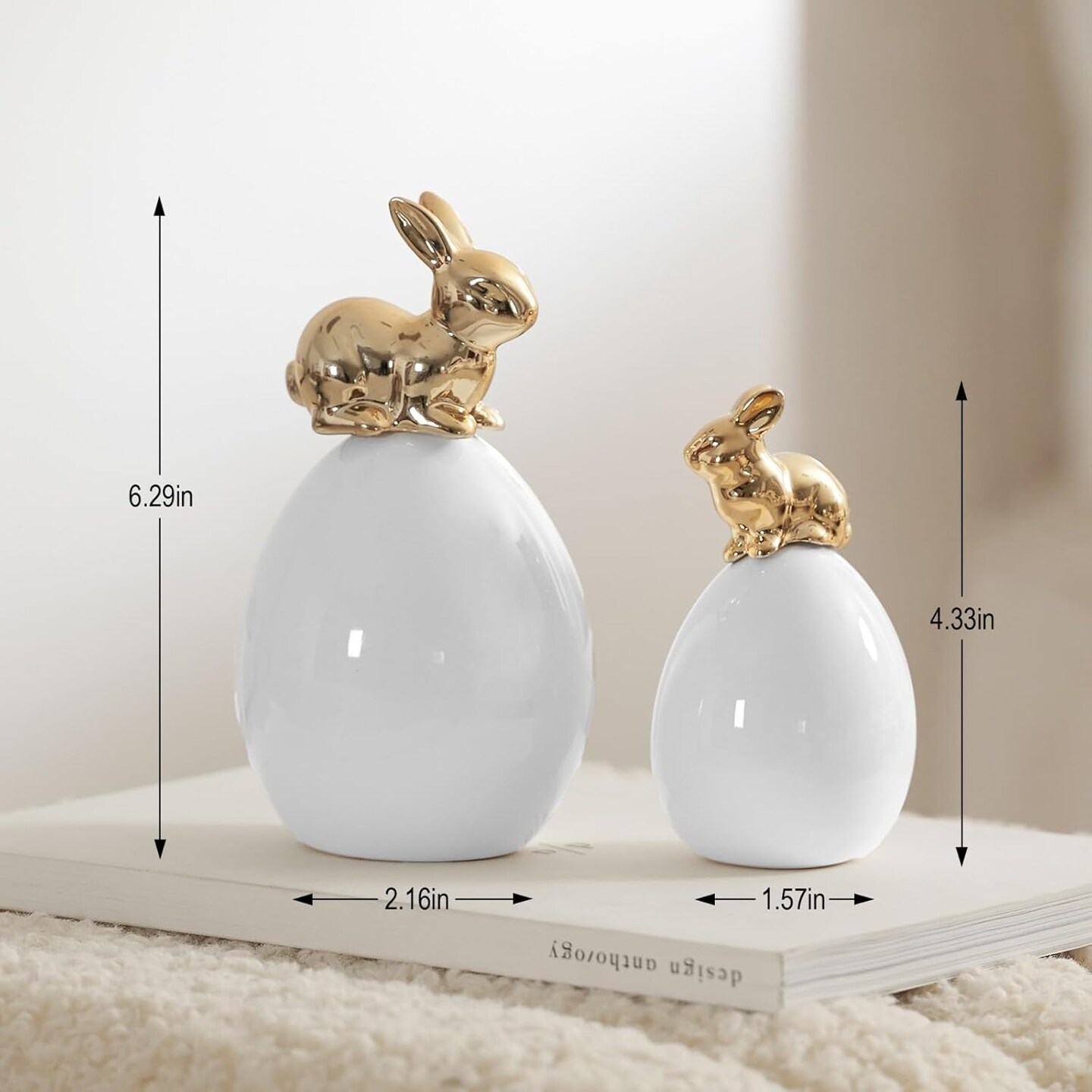 Easter Bunny Decorations, 2 Pcs Cute Gold Rabbit Sit on White Eggs Figurines for Spring Indoor Home Decor, Porcelain Rabbit Statues Table Centerpiece Mantel Tray Decor Gift