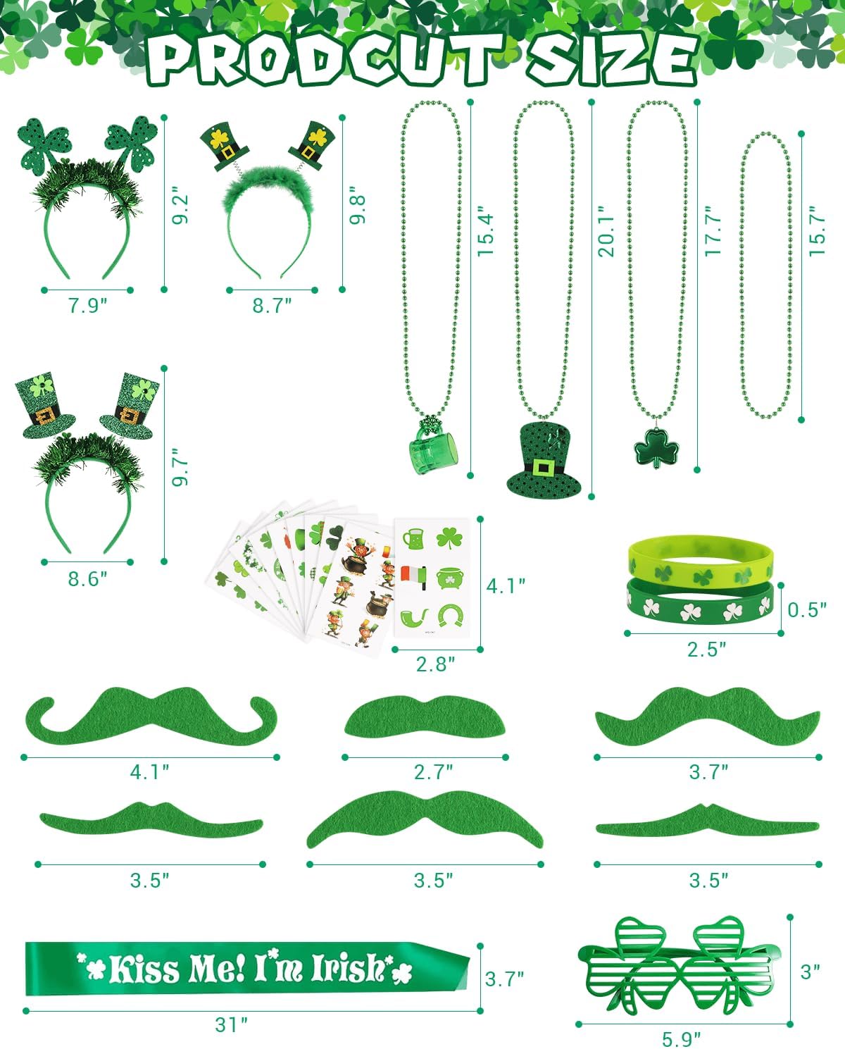 St. Patrick&#x27;s Day Party Favor Set, St. Patrick&#x27;s Day Novelty Jewelry Assortment with Headband Necklace Bracelet Glasses Tattoo Stickers Accessories Kiss Me I&#x27;m Irish Sash for Irish Party D&#xE9;cor