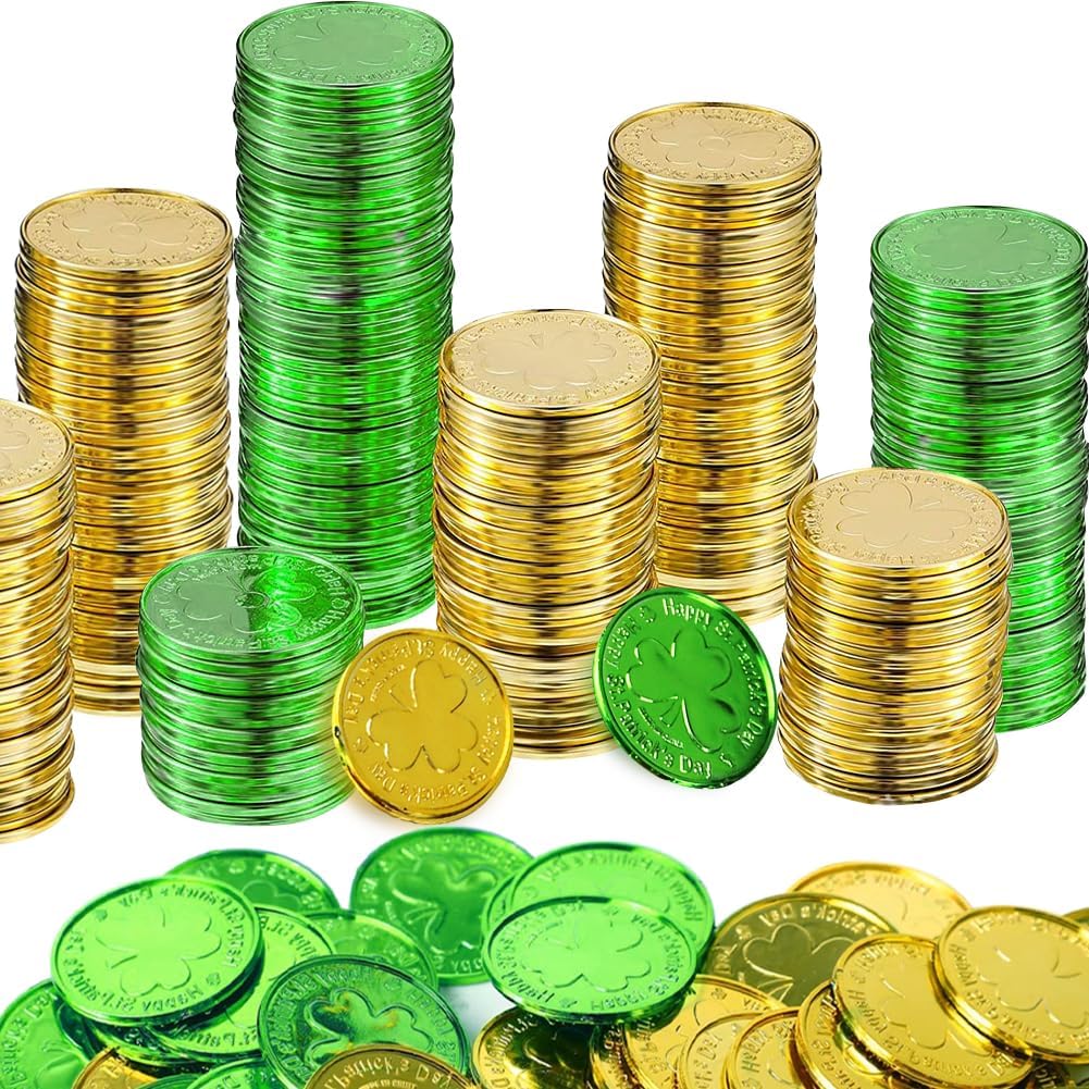 St. Patrick's Day Gold Coins, 120 Pieces Gold Green Lucky Coins Plastic Shamrock Leprechaun Coins, 3-Leaf Clover Coin Table Scatter Decoration for St. Patrick's Day Party Favors