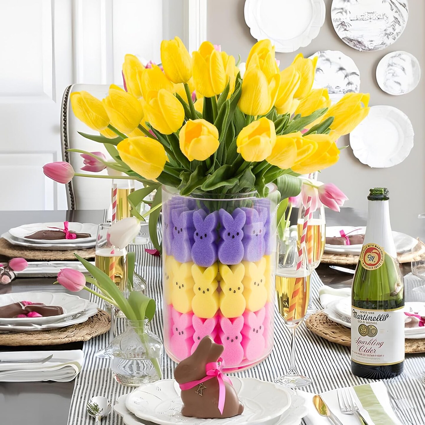 Easter Decorations - Easter Peeps Decor - 15 Artificial Tulips with 45 Bunnies Vase Filler Set