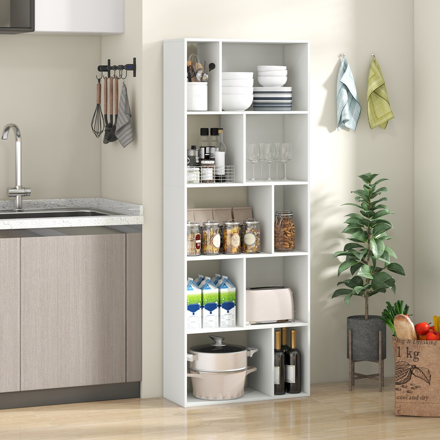 63 Inch White Tall 5-Tier 10-Cube Geometric Bookshelf Perfect for Living Room, Study or Office