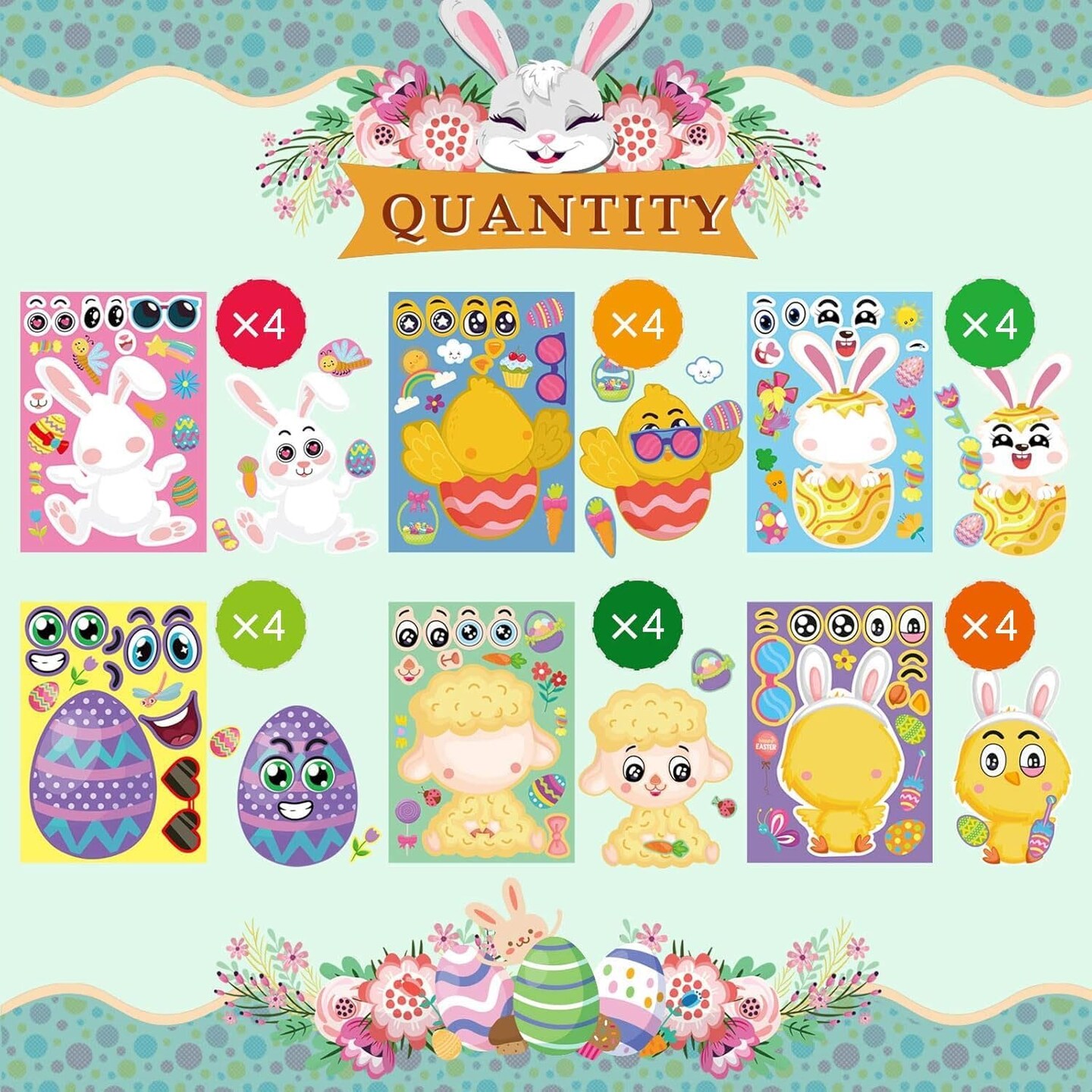 24 Sheets Easter Stickers Make a Face Stickers for Kids DIY Easter Egg Bunny Sticker Sheet for Boys Girls Children Easter Party Supplies Exchange Gifts