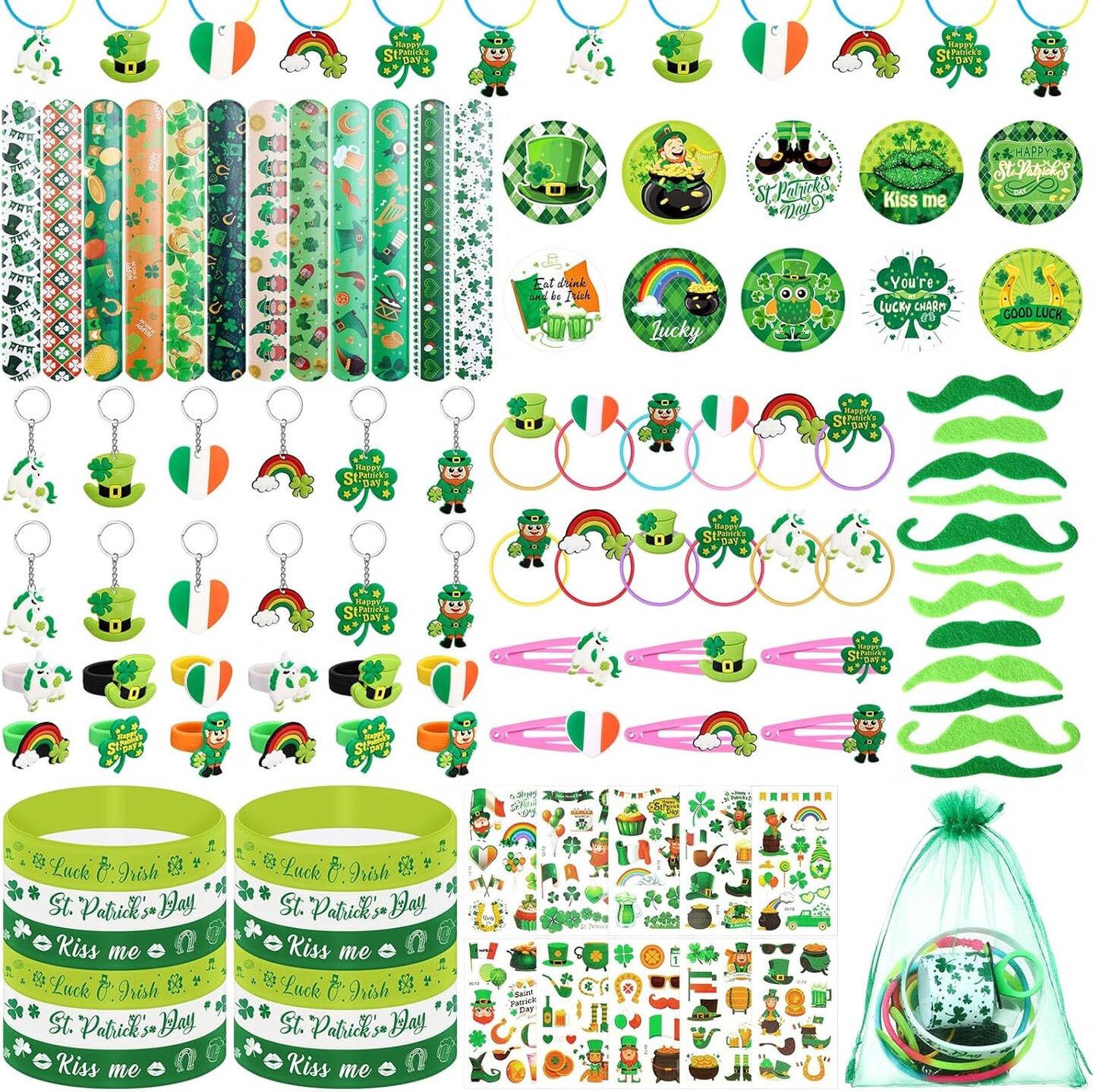 132 Pcs St. Patrick&#x27;s Day Party Favors St. Patrick&#x27;s Day Accessories Set with Shamrock Keychains Tattoos Sticker