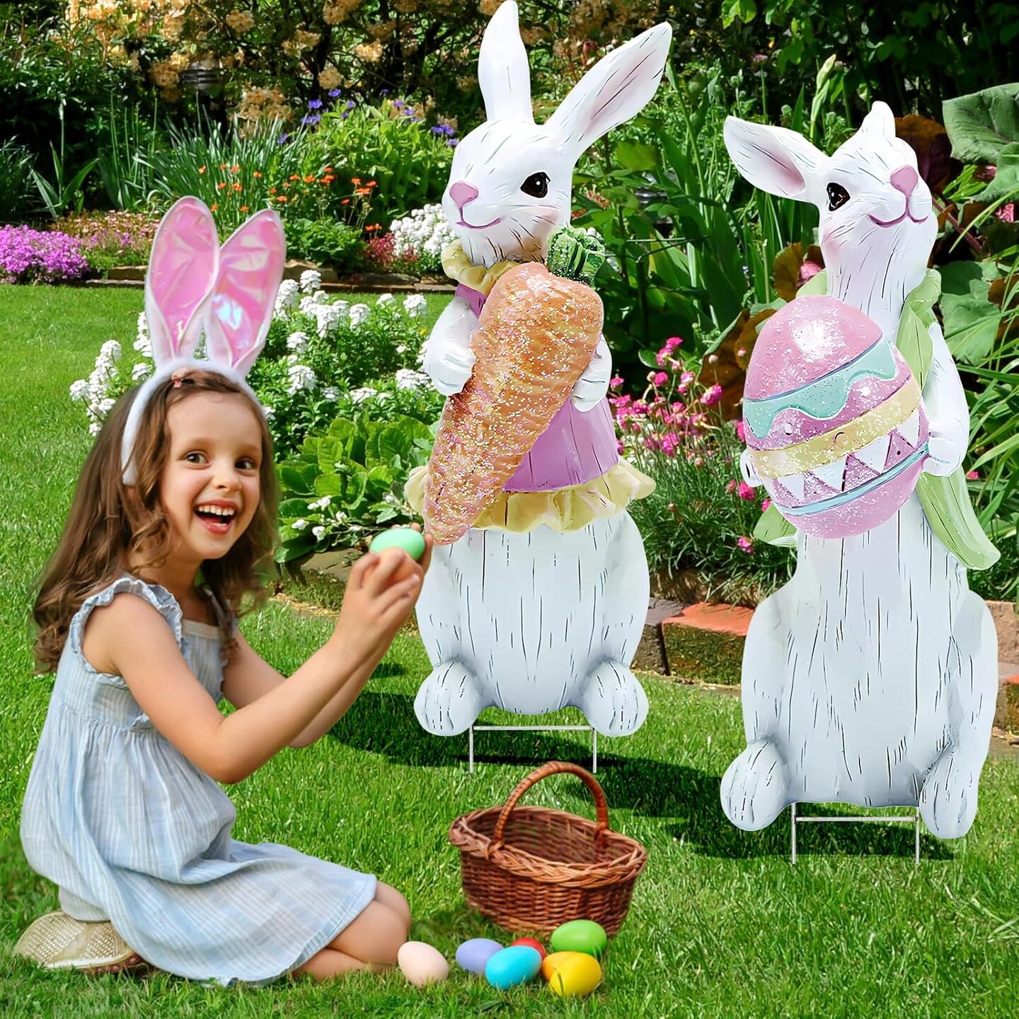 2 PCS Large Easter Decorations Outdoor Easter Yard Signs Easter Yard Decorations Outdoor with Metal Stakes