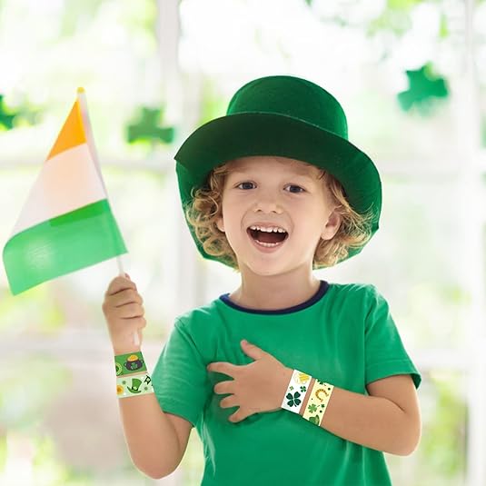 48pcs St. Patrick&#x27;s Day Slap Bracelets, Lucky Shamrock Kids Snap Wristbands Toys for Irish St. Patty Party Supply