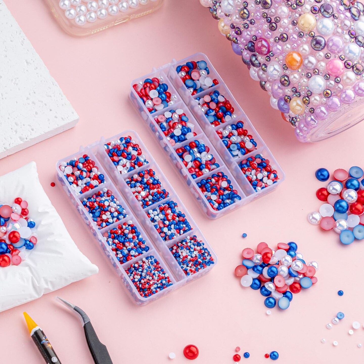 6540PCS Mix Color Resin Flat Back Pearls Rhinestones,Mixed Size 2/3/4/5/6/8/10mm Half Round Pearl Beads Nail Gems Rhinestone with Tweezers and Picker Pencil for Crafts Nail DIY Decoration