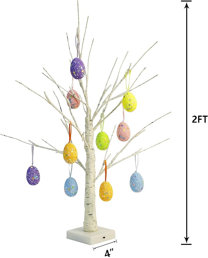 Easter Decorations 24 Inch Pre-lit White Birch Tree with 10 Hanging Easter Egg Ornaments, 24 Led Lights Battery Operated Easter Table Centerpiece for Party Birthday Home Spring Decoration