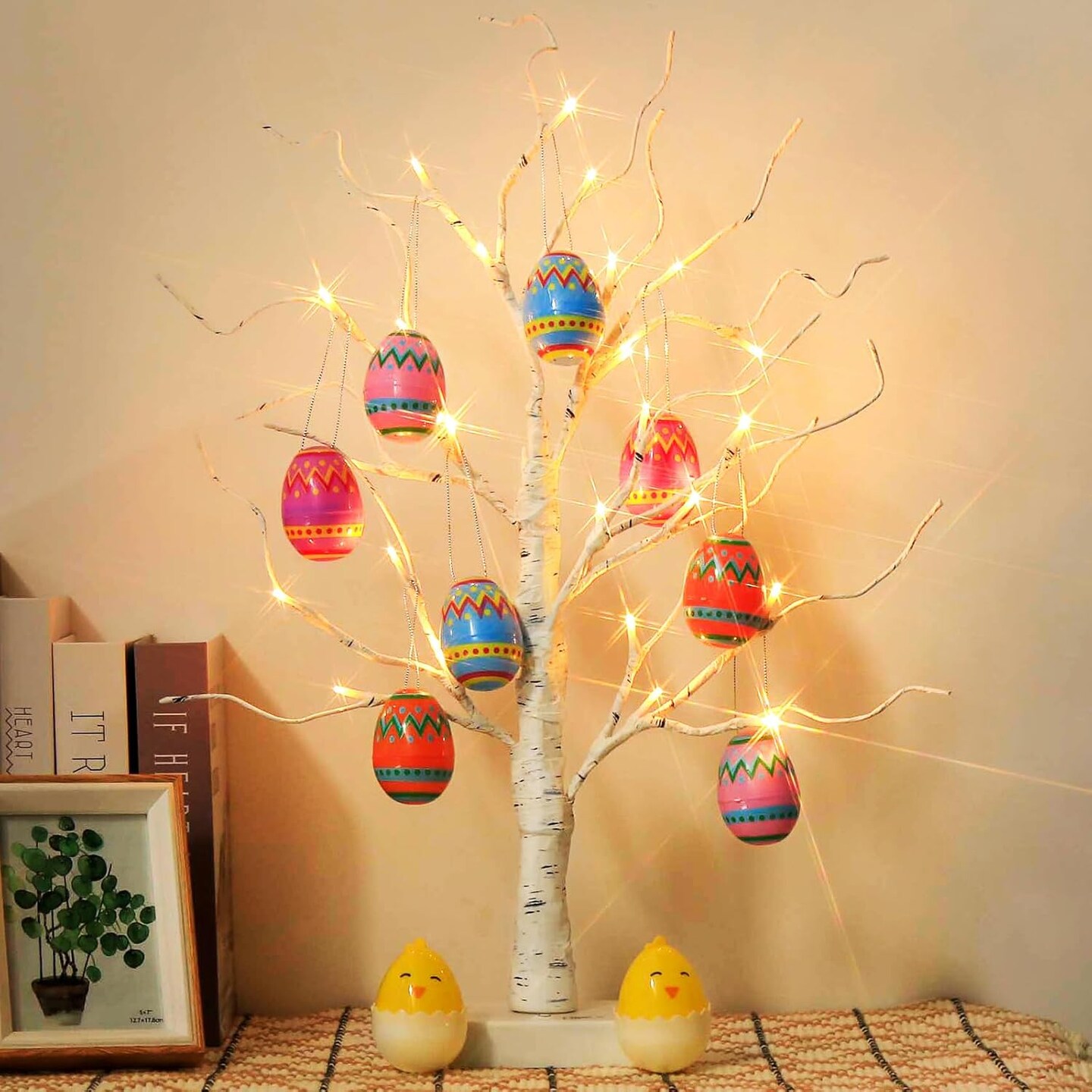 Easter Decorations, Easter Tree with 10pcs Eggs Ornaments, Lighted White Birch Tree with Timer Battery Powered, Twig Tree Tabletop Centerpiece Spring Decorations for Home Kids (2FT/24 LED)
