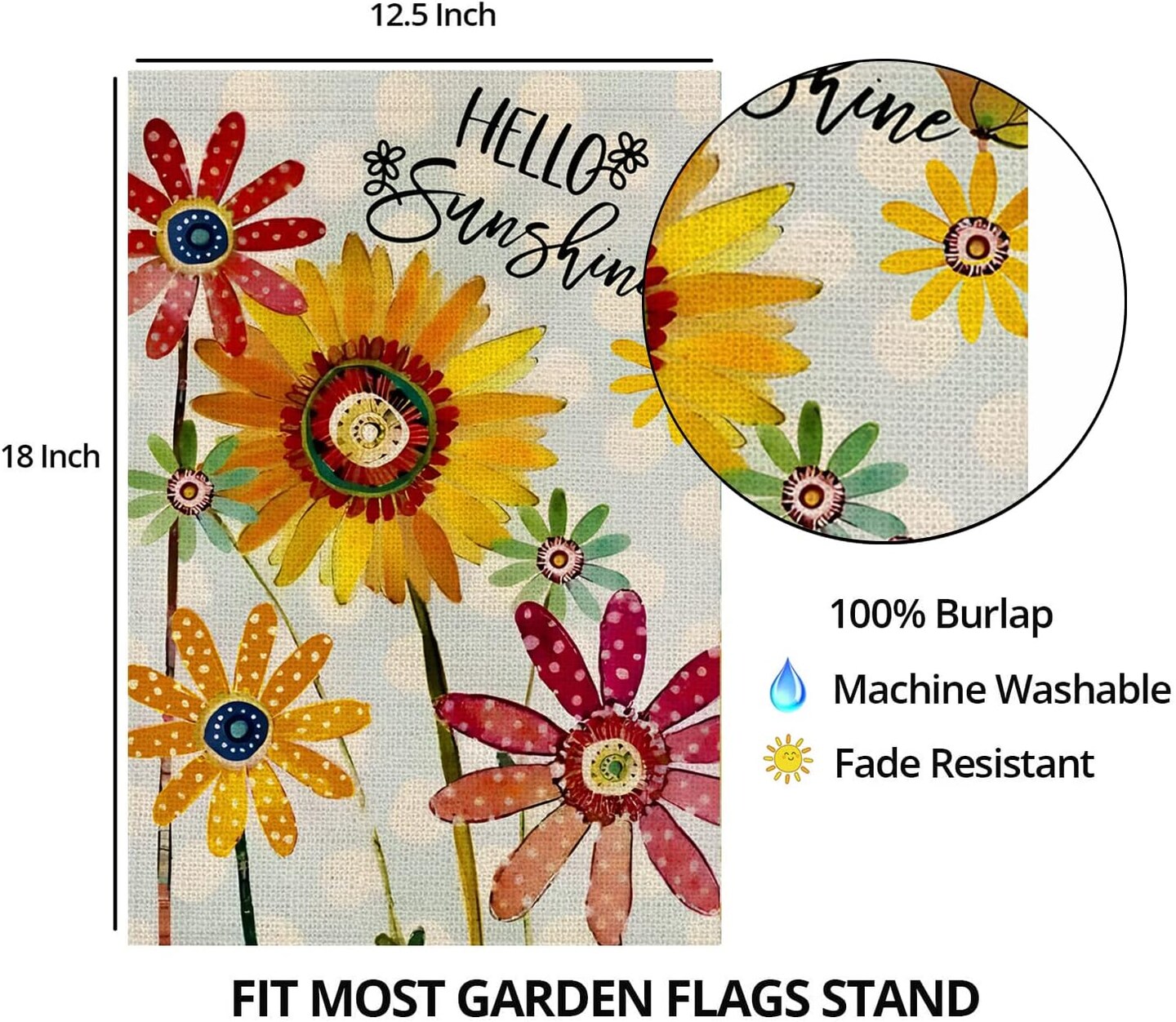 Spring Flowers Garden Flag 12x18 Inch Double Sided,Hello Sunshine Sunflower Daisy Small Yard Flags for Outdoor,Summer Seasonal Decoration for Farmhouse Holiday Outside