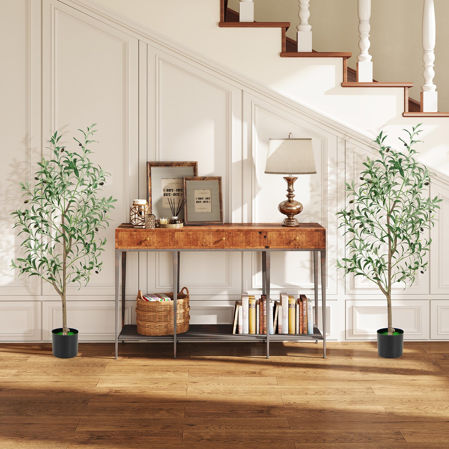 4.5 Feet Set of 2 Tall Artificial Olive Tree Fake Potted Trees with Realistic Fruits