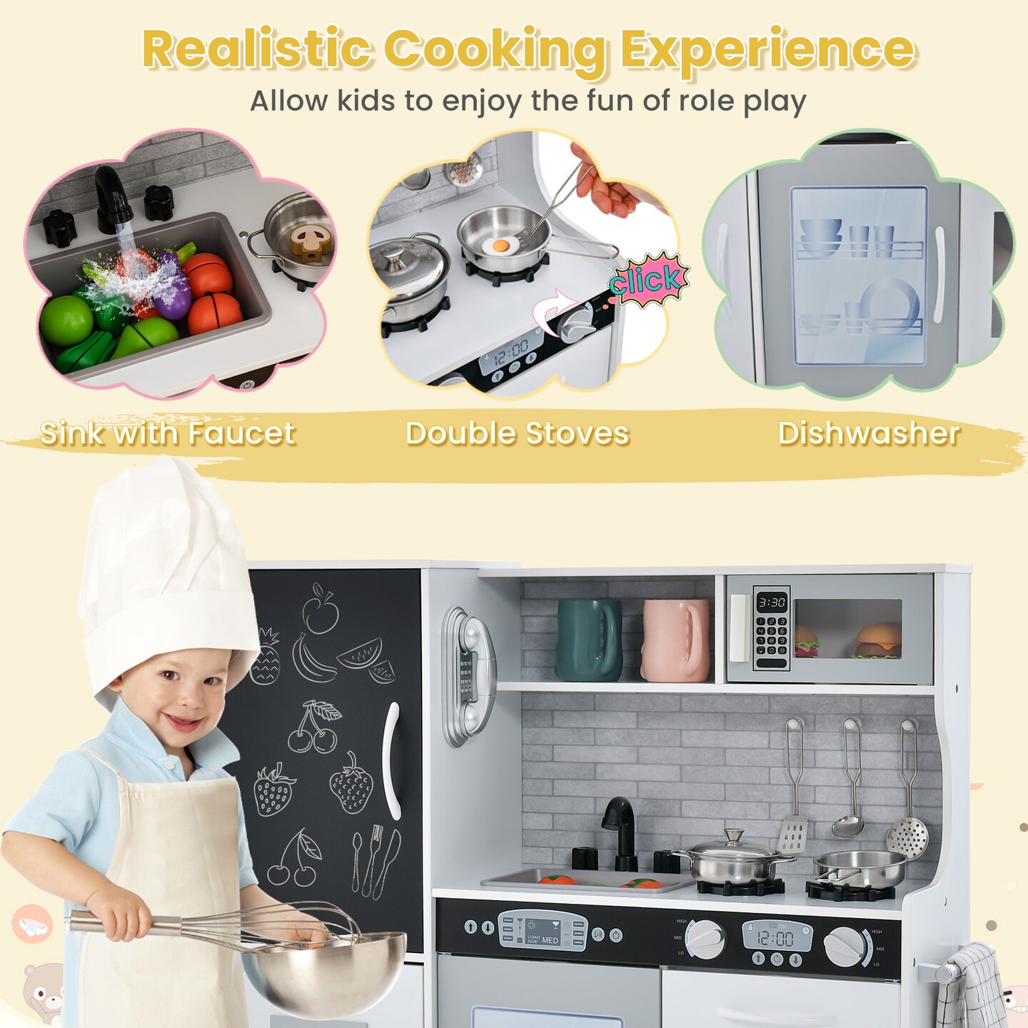 Wooden Pretend Play Kitchen Set for Toddlers, Boys &#x26; Girls Ages 3-6 with Cooking Accessories