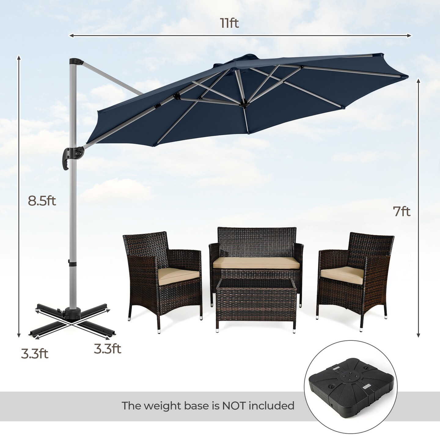 11 FT Outdoor Patio Umbrella with 360&#xC2;&#xB0; Rotation and Adjustable Tilt-Navy