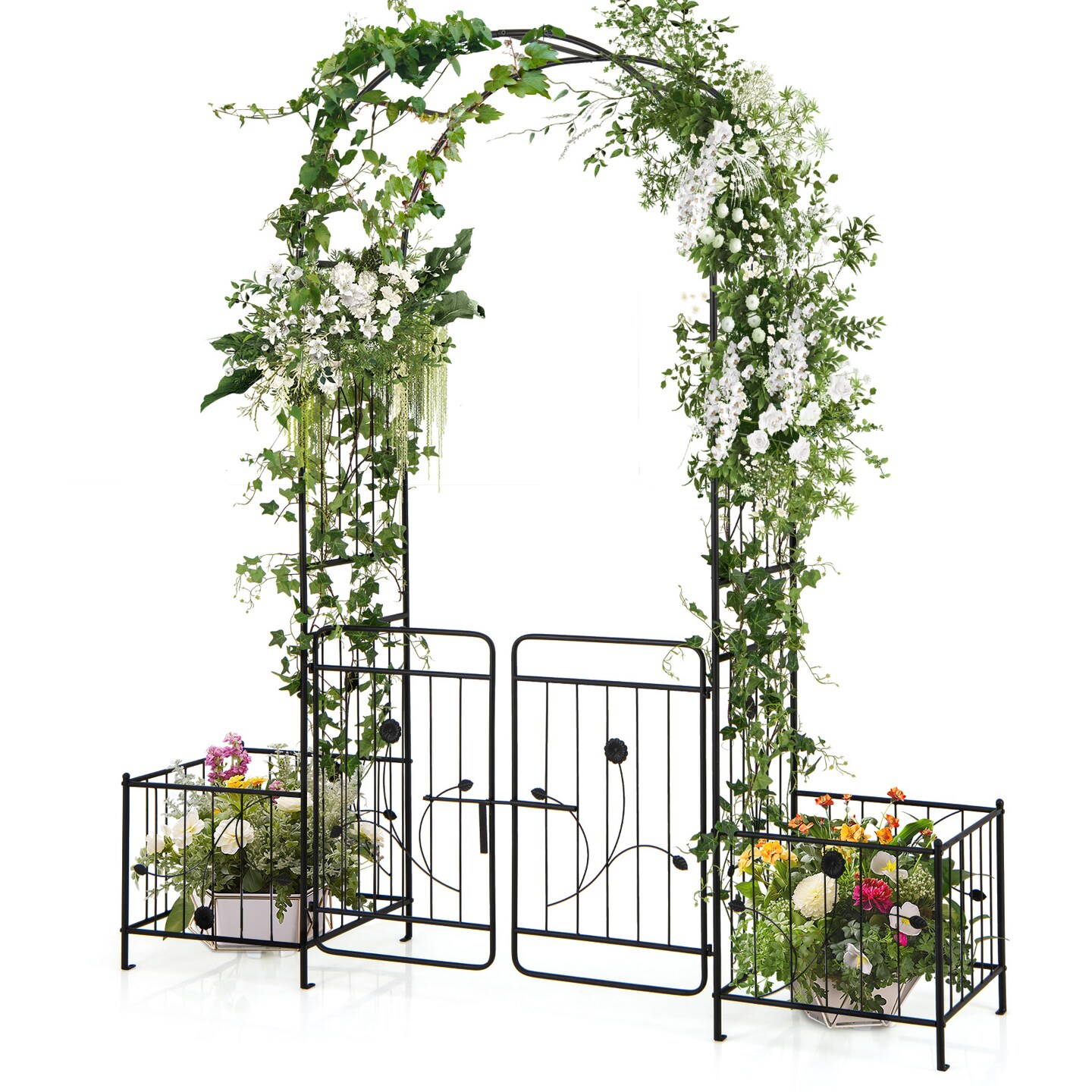 87 Inches Black Garden Arbor with 2 Side Planters and 2 Lockable Door Gate Perfect for Any Decoration