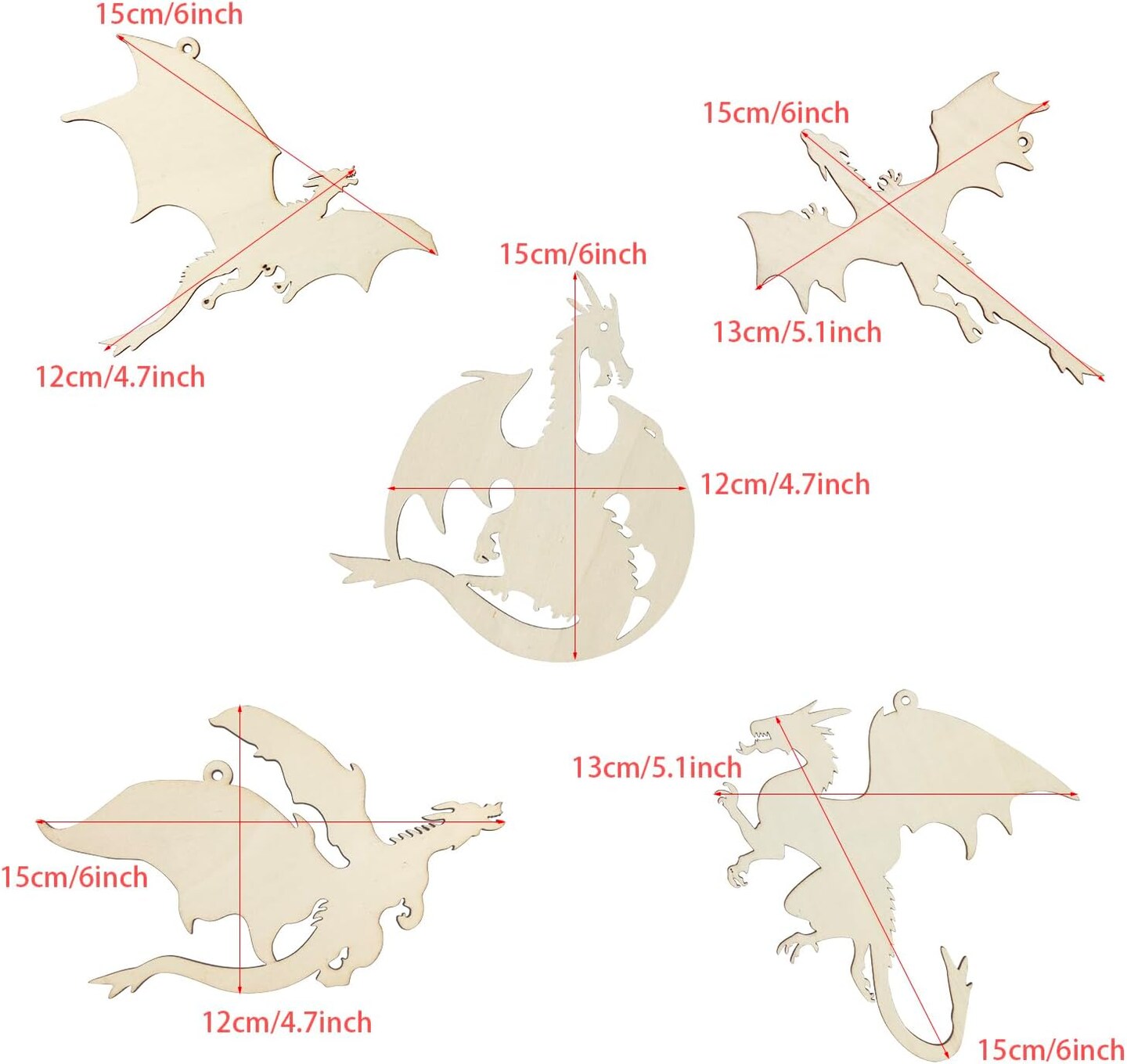 20 Pack 6" Wooden Dragon Cutouts Unfinished Wood DIY Hanging Ornaments Craft Decor