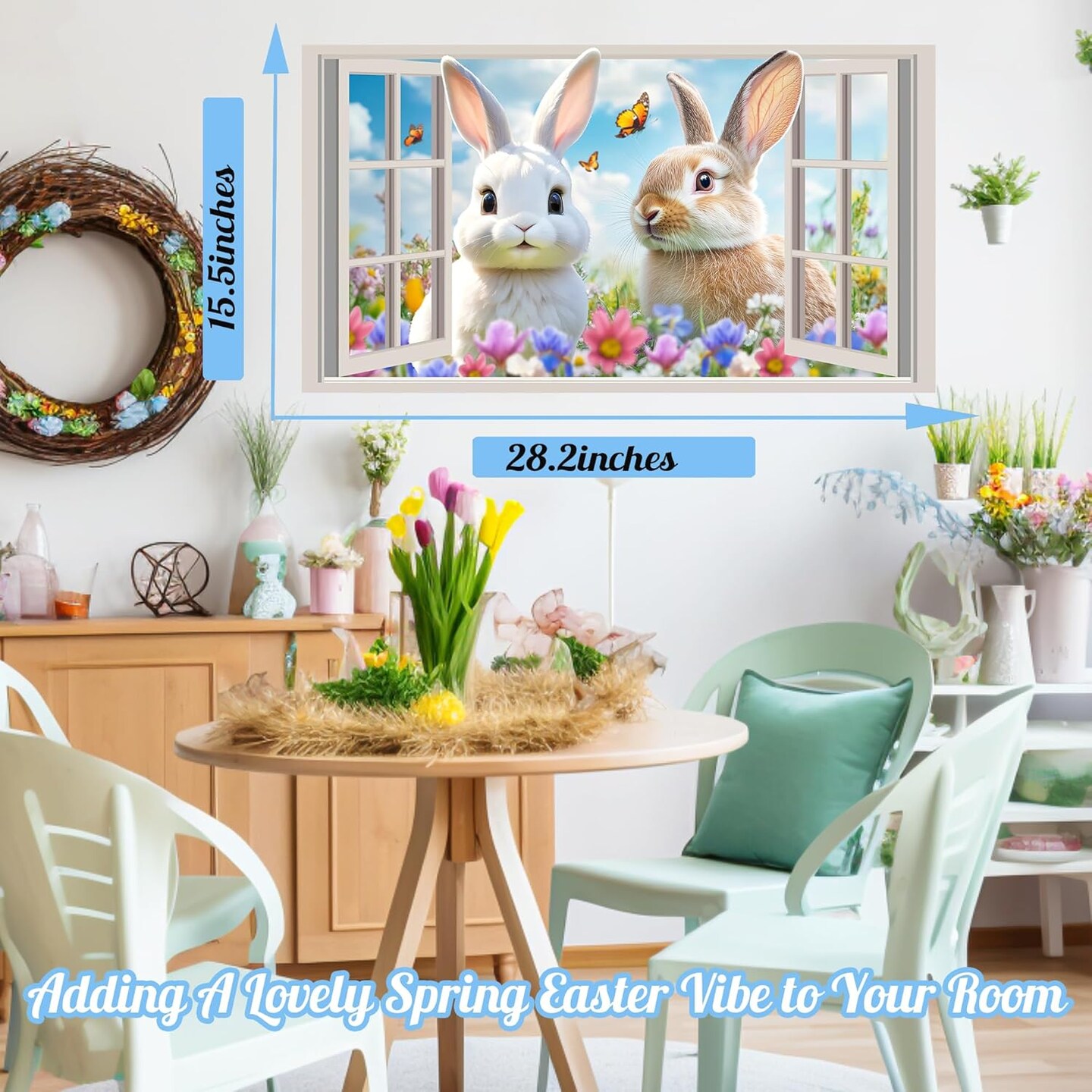 Easter Decoration Stickers for Wall Easter Bunny Wall Decals Peel and Stick 3D Fake Window Spring Wall Sticker Natural Landscape Wall Decals Flowers Rabbit Wall Art Murals for Living Room Nusery Decor