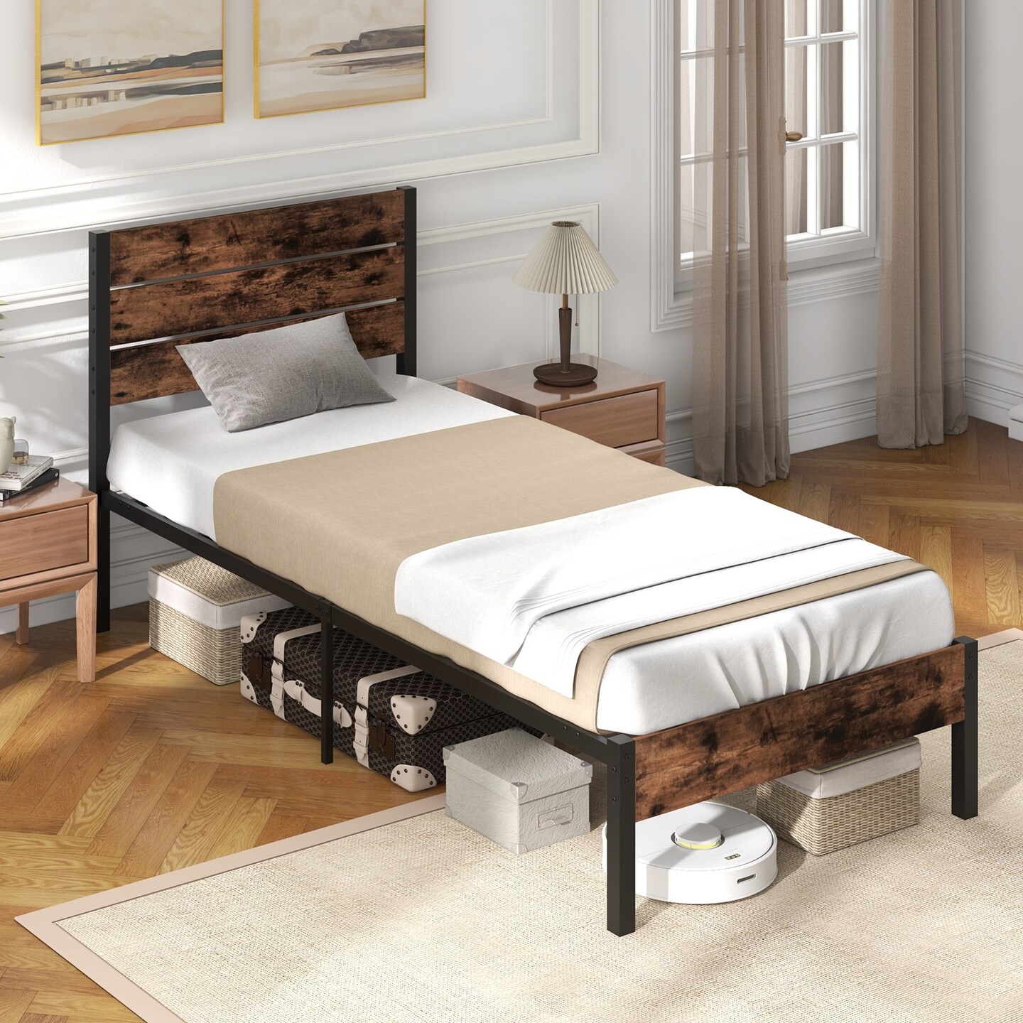 Platform Bed Frame with High Headboard and Mute Bar Perfect for Dorms or Kids