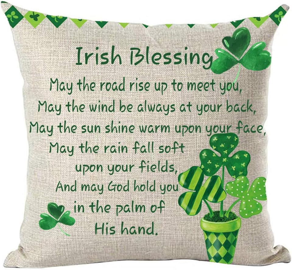 Happy St. Patrick's Day Green Potted Plant Clovers Heart Quote Irish Blessing Throw Pillow Cover Case