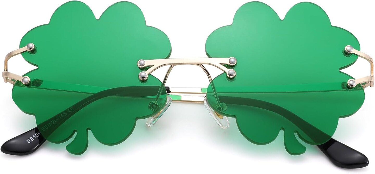 St. Patrick&#x2019;s Day Green Sunglasses Irish Shamrock Four Leaf Clover Green Lens Shades Costume Party Glasses(Four Leaf Green)