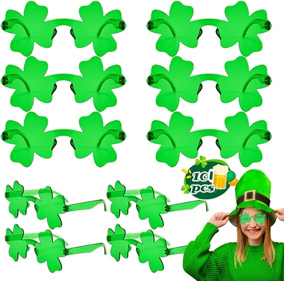 10 Pairs St. Patrick's Day Shamrock Sunglasses, Green Four Leaf Clover Glasses Eyeglasses, Lucky Plastic Shades Eyewear Accessories for St. Patricks Party Props, Party Favor Supplies