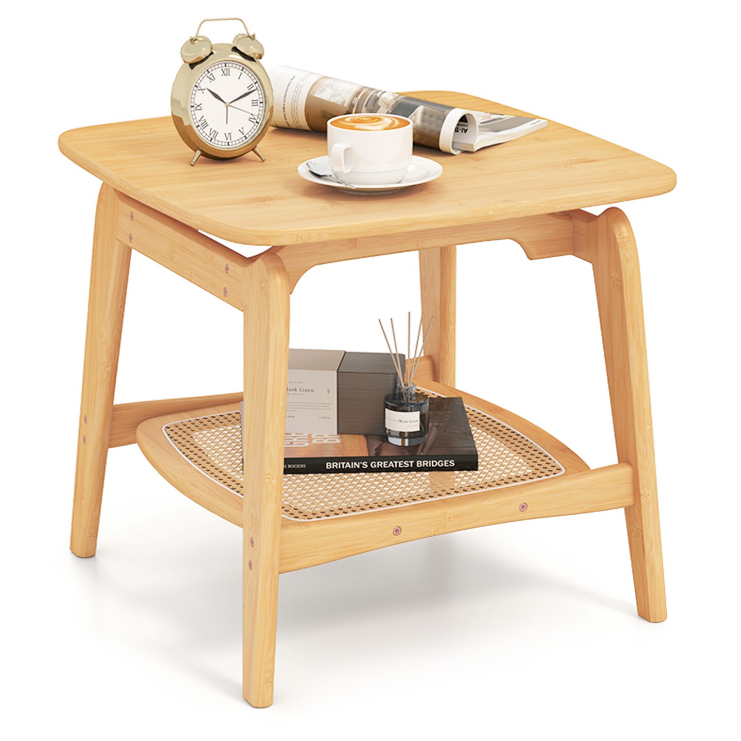 Wicker Sofa Side Table with Faux Rattan Storage Shelf-Natural