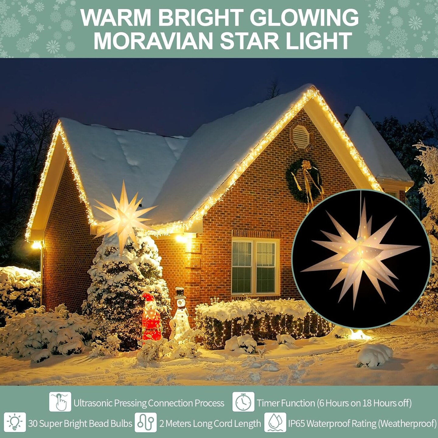 23&#x22; Moravian Star Outdoor Light, Waterproof 3D Christmas Tree Topper Lamp with Timer Function