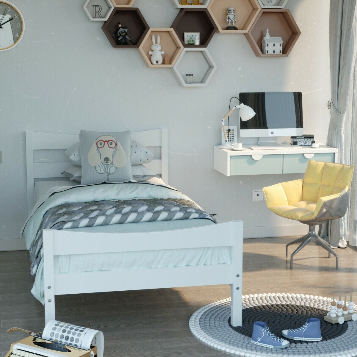 Pine Wood Twin Platform Bed with Headboard Footboard Under-bed Storage and Sturdy Slat Support