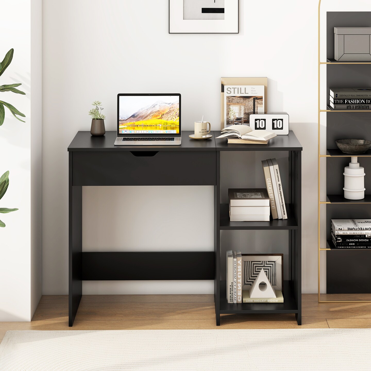 Black Space Saving Computer Desk with Hidden Compartment and Open Storage Shelves