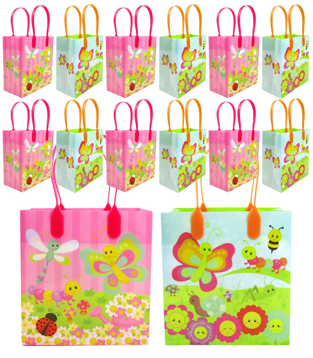 TINYMILLS Spring Butterfly Flower Garden Easter Party Favor Bags Treat Bags Kids Birthday Party Goody Bags with Handles for Boys Girls, 12 Pack