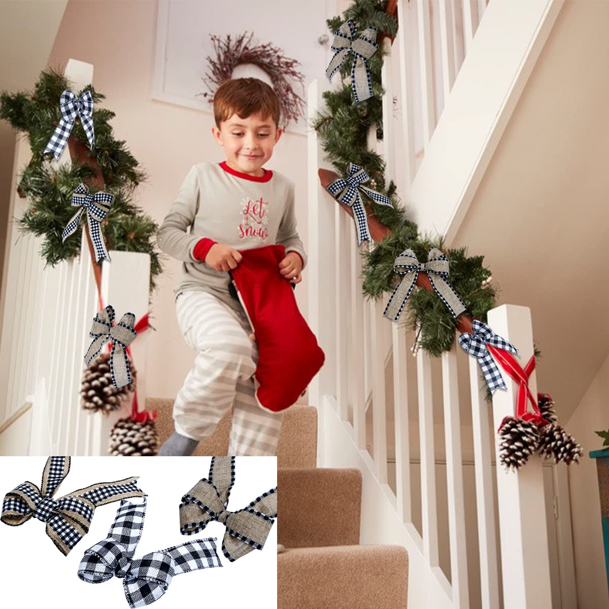 3 Rolls Christmas Buffalo Plaid Ribbon Wired Edge 9.9 Yard Plaid Burlap Ribbon Christmas Checked Burlap Ribbon for Christmas Tree Wrapping Crafts Decoration 1.5 inch Width(Black and White)