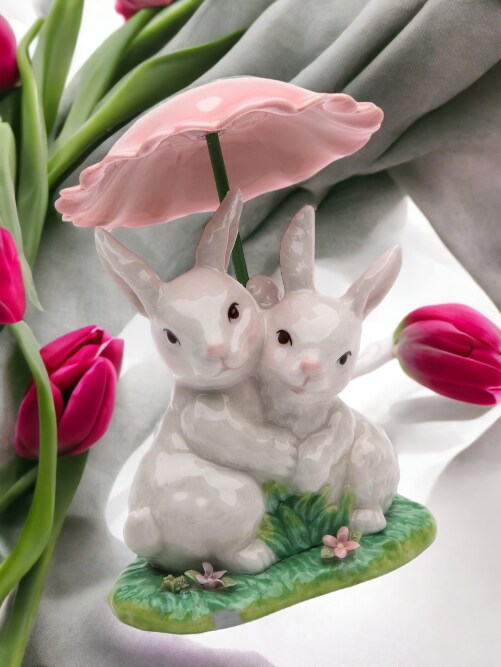 Ceramic Bunny Rabbits Sharing a Flower Umbrella, Home D&#xE9;cor, Gift for Her, Gift for Mom, Kitchen D&#xE9;cor, Spring D&#xE9;cor, Easter D&#xE9;cor