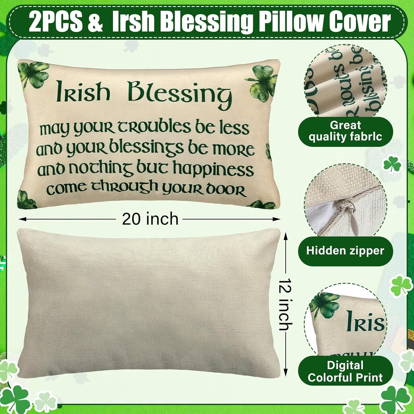 2 Pcs St. Patrick&#x27;s Day Irish Blessing Pillow Covers Green Clover Quote Decorative Throw Pillow Cover Case Linen