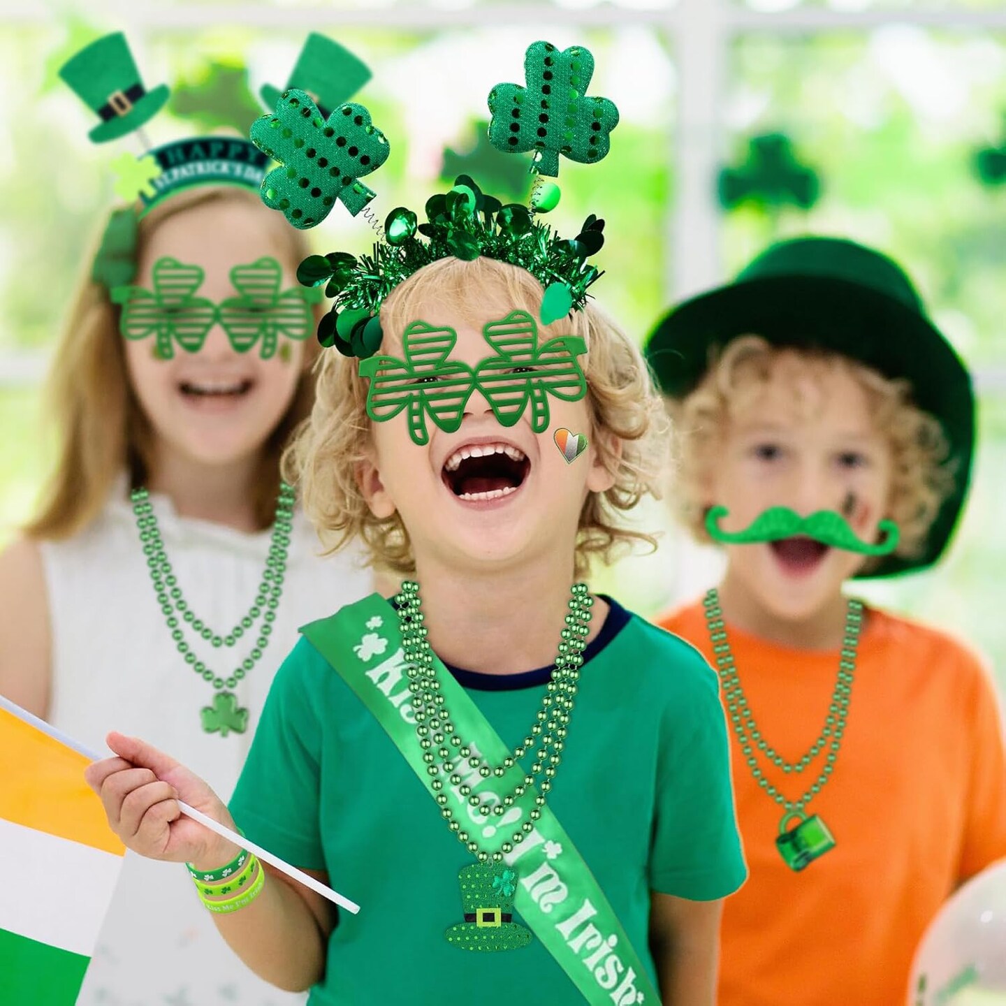 180Pcs St. Patrick&#x27;s Day Accessories Party Favor Set, Tattoo Stickers, Necklaces, Bracelets, Shamrock Glasses, Headbands, Mustaches, Coins and Kiss Me I&#x27;m Irish Sash for Irish Party Supplies
