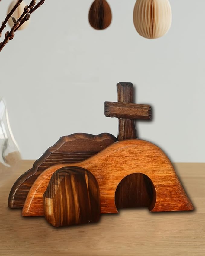 Easter Resurrection Scene Set, Jesus Tomb Easter Tray Set, for Religious Home Office Desktop, Cross Decoration Bundle Kit Sign Tiered Decorations (Wooden)