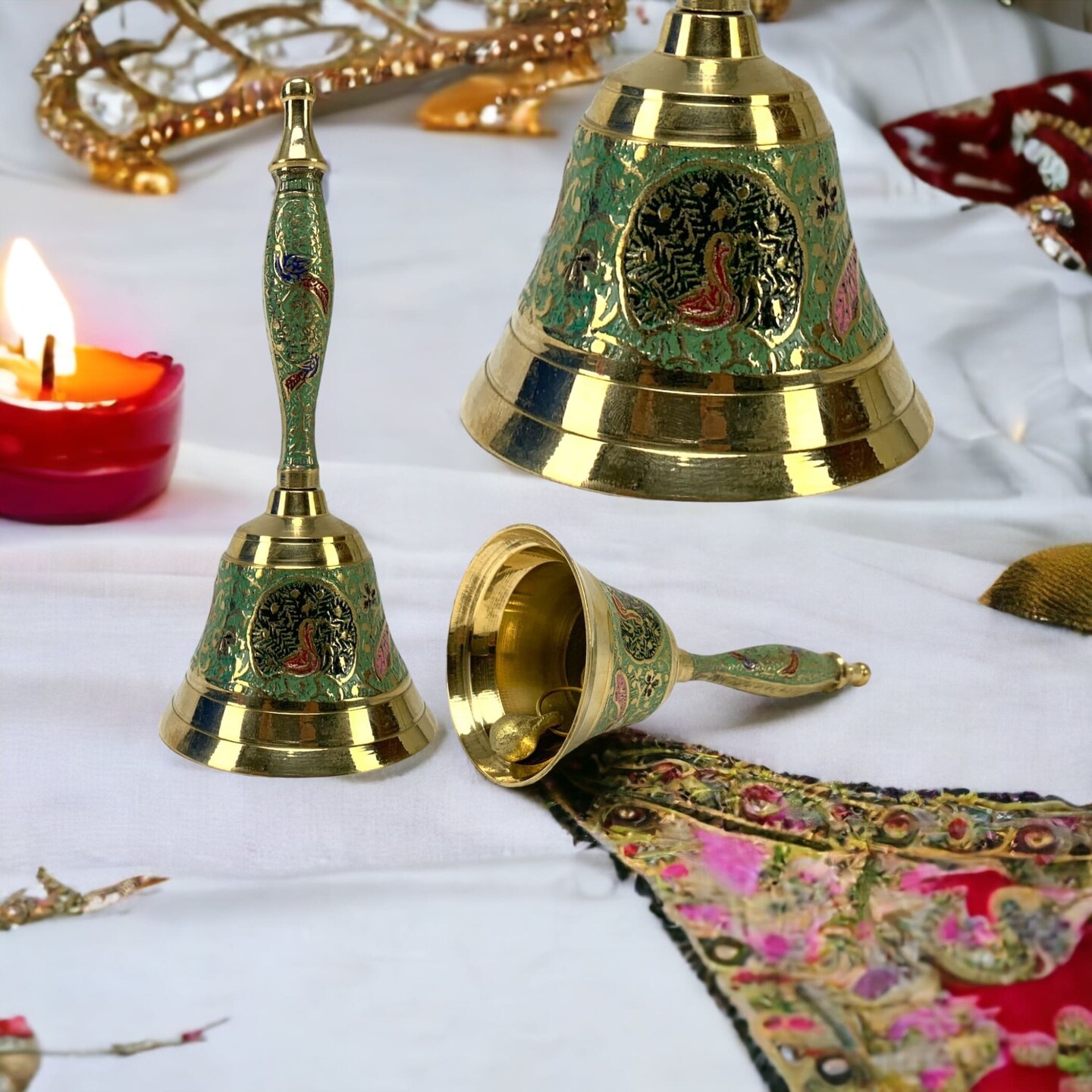 Decorative Peacock Temple Bells Brass Puja Ghanti Hindu Mandir Bell Coloured Pooja Jingle Bells Indian Home Decor Hand Painted Bell Housewarming Gift